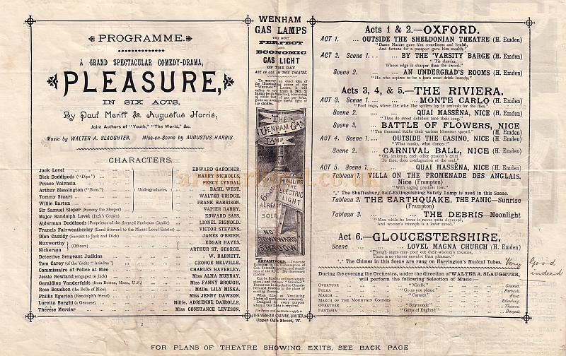 Theatre Royal, Drury Lane Programme for 'Pleasure' 1897 
