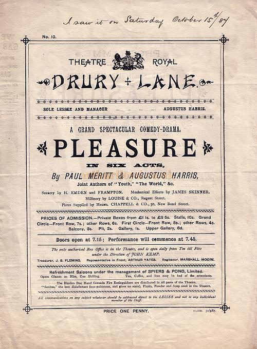 Theatre Royal, Drury Lane Programme for 'Pleasure' 1897 