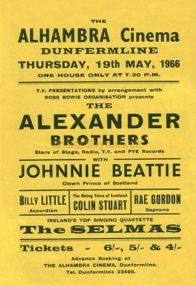 A Flyer for the Alexander Brothers at the Alhambra Cinema, Dunfermline in 1966 - Courtesy Colin Calder.