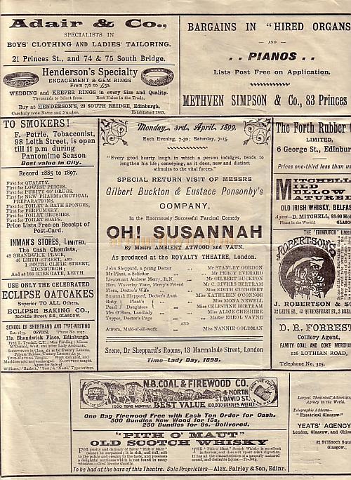 A Programme for 'Oh! Susannah' at the Theatre Royal, Broughton Street, Edinburgh in 1899
