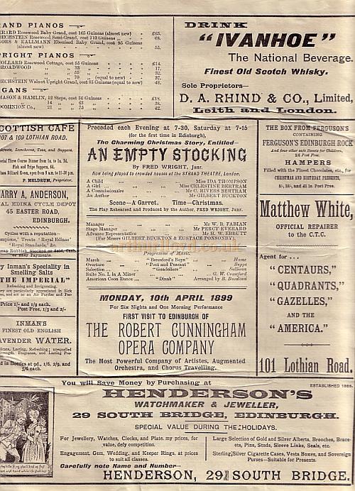 A Programme for 'Oh! Susannah' at the Theatre Royal, Broughton Street, Edinburgh in 1899
