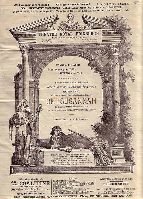 A Programme for 'Oh! Susannah' at the Theatre Royal, Broughton Street, Edinburgh in 1899