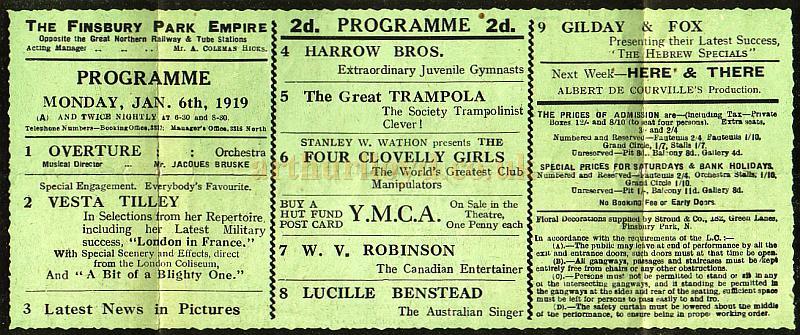 Variety Programme for the Finsbury Park Empire on Monday the 6th of January 1919