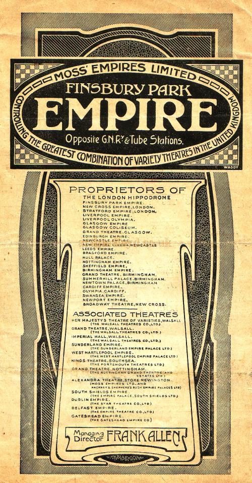 Variety Programme for the Finsbury Park Empire on Monday the 6th of January 1919