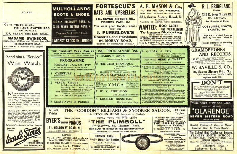 Variety Programme for the Finsbury Park Empire on Monday the 6th of January 1919