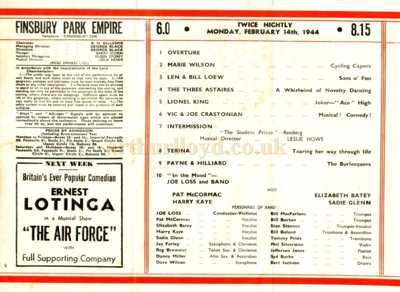 A Wartime Variety Programme for the Finsbury Park Empire in February 1944 - Courtesy Linda Chadwick 