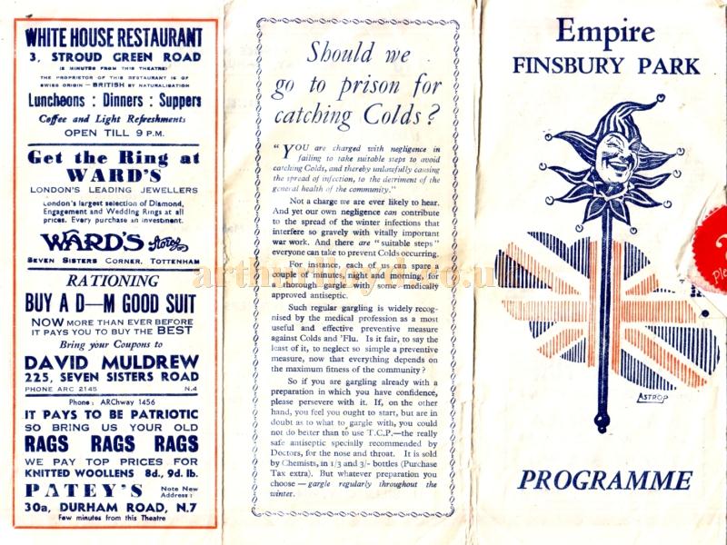 A Wartime Variety Programme for the Finsbury Park Empire in January 1942 - Courtesy Linda Chadwick 