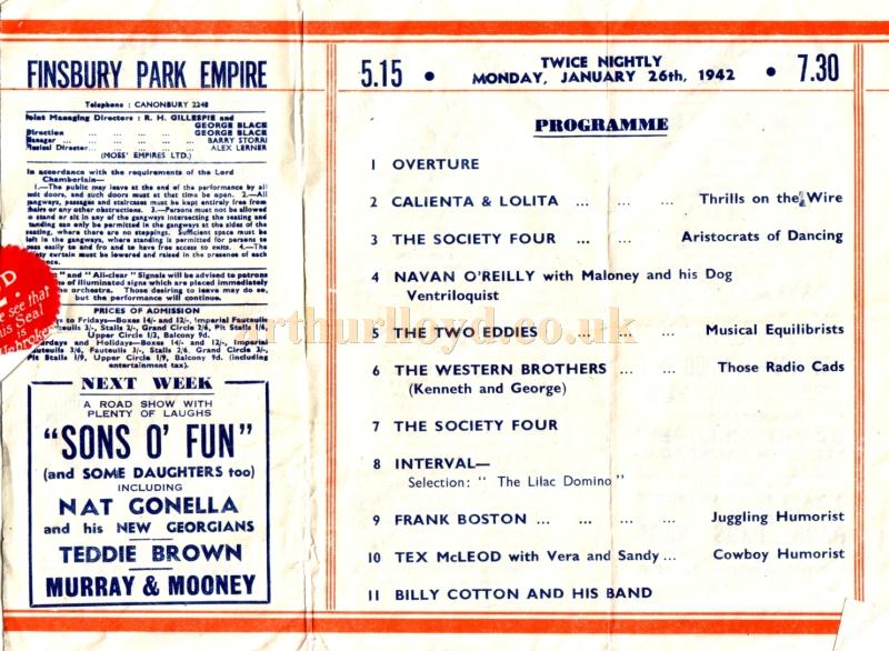 A Wartime Variety Programme for the Finsbury Park Empire in January 1942 - Courtesy Linda Chadwick 