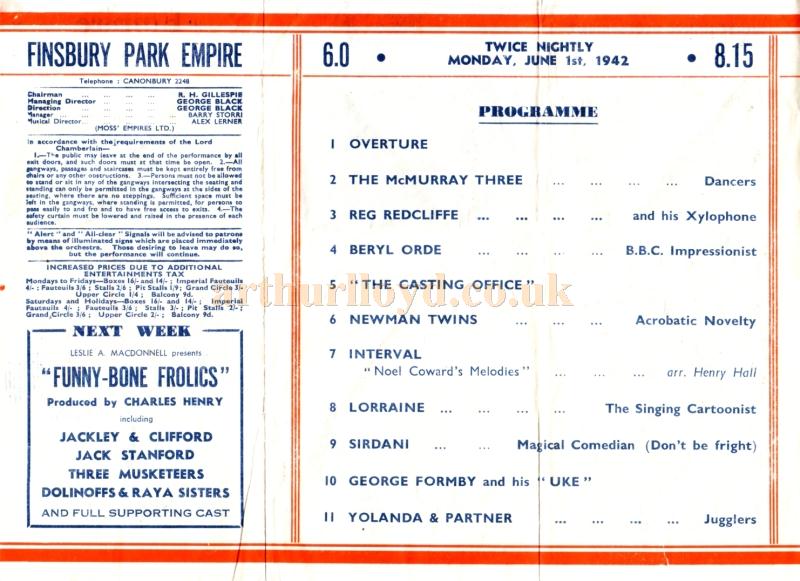 A Wartime Variety Programme for the Finsbury Park Empire in June 1942 - Courtesy Linda Chadwick