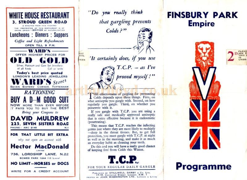 A Wartime Variety Programme for the Finsbury Park Empire in March 1944 - Courtesy Linda Chadwick 