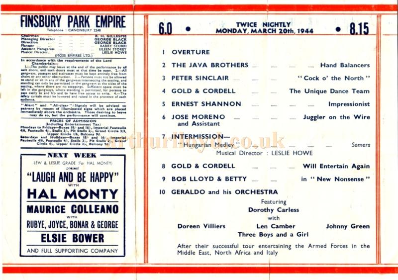 A Wartime Variety Programme for the Finsbury Park Empire in March 1944 - Courtesy Linda Chadwick 