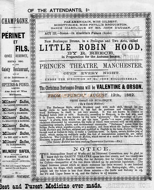 A Programme for Aladdin at the original Gaiety Theatre - 1882