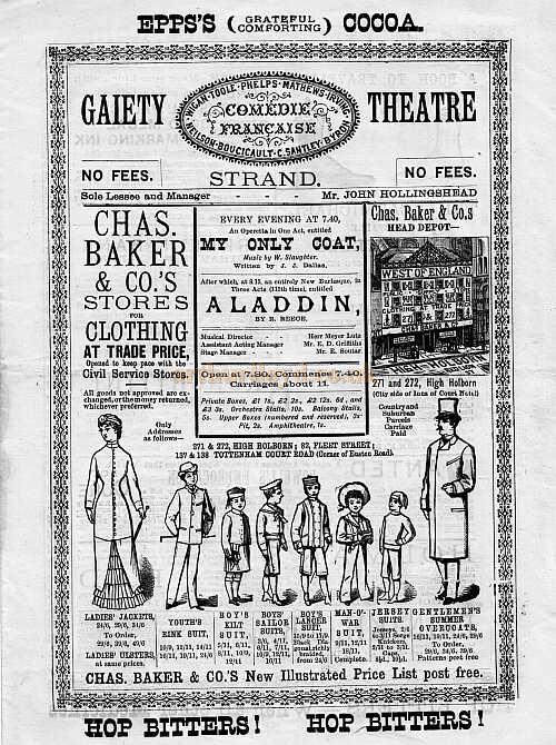 A Programme for Aladdin at the original Gaiety Theatre - 1882