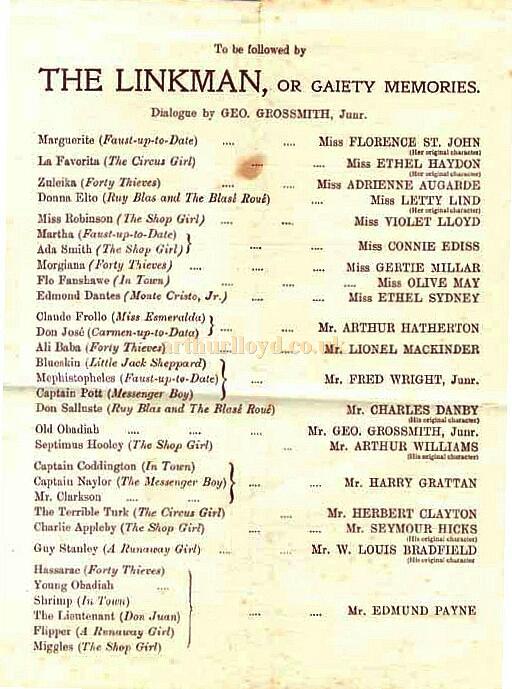 A Programme for last performance at the first Gaiety Theatre, Strand, London, July 4th 1903 - Courtesy Michaela Bilynskyj.