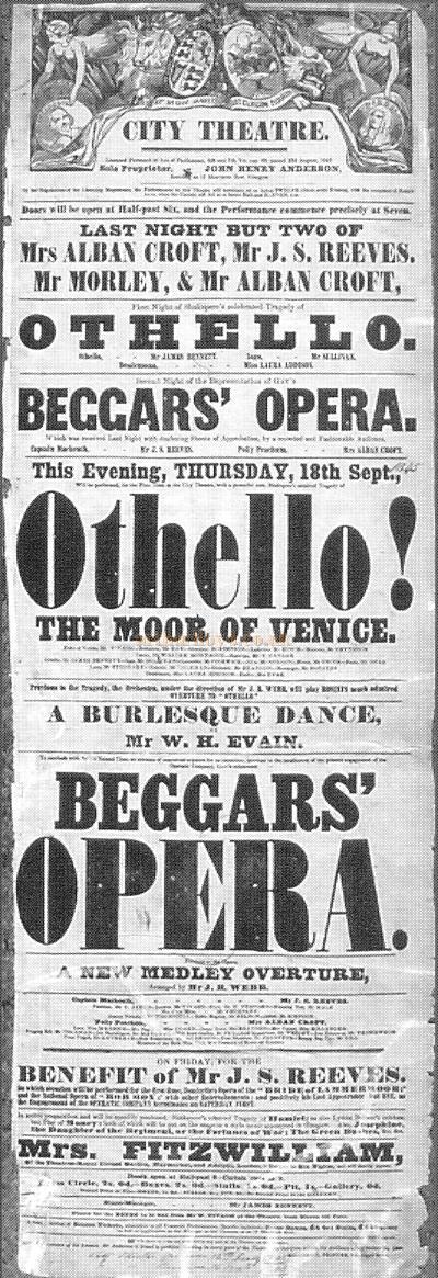 A Playbill for 'Othello' and 'Beggar's Opera' at the City Theatre, Glasgow in 1845 - Courtesy Graeme Smith.