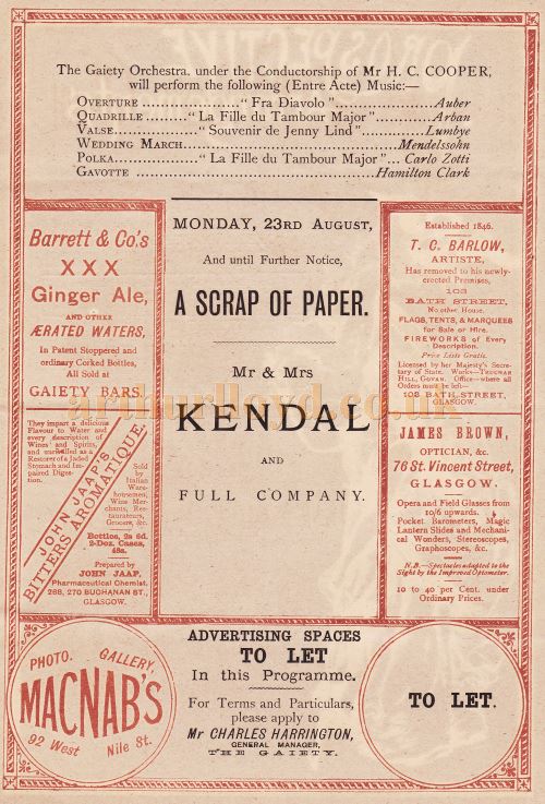 A Programme for Bernard's Glasgow Gaiety in August 1880