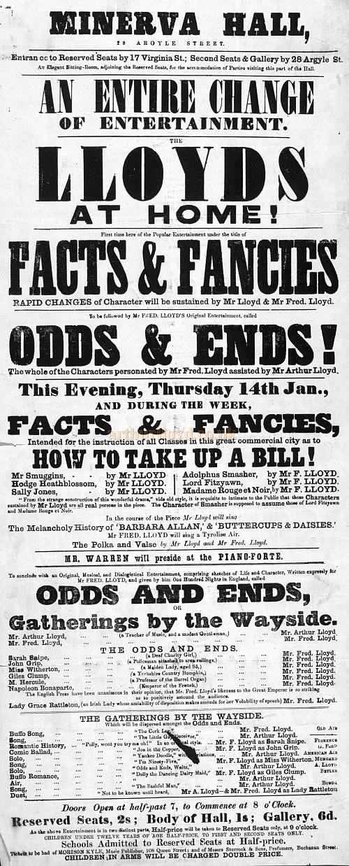A Bill for 'Facts and Fancies' at the Minerva Hall, Glasgow, with Horatio Lloyd and his sons Frederick and Arthur Lloyd. 