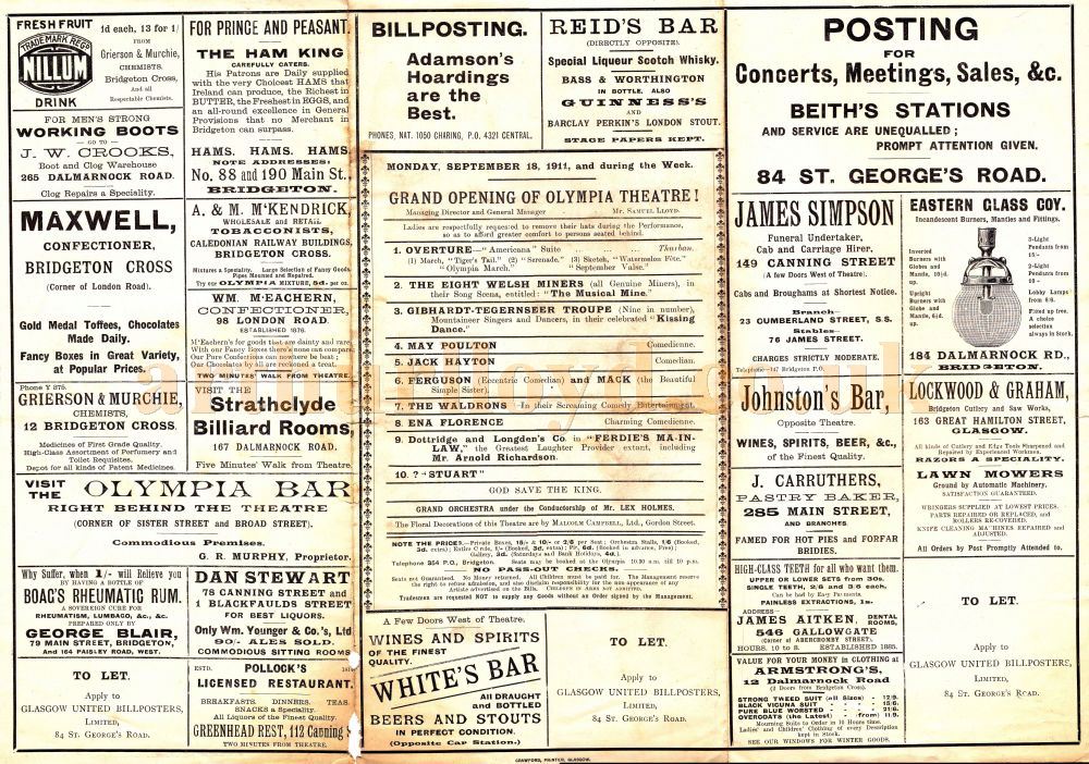 The Opening programme for the Olympia Theatre, Glasgow on September the 18th 1911 