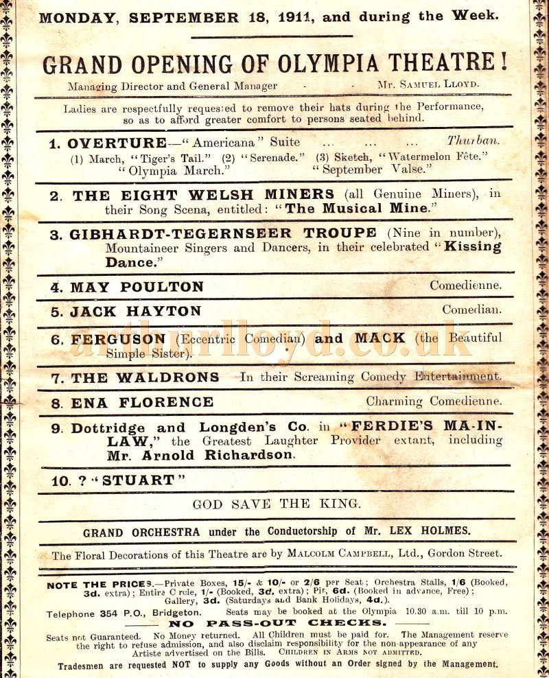 The Opening programme for the Olympia Theatre, Glasgow on September the 18th 1911 