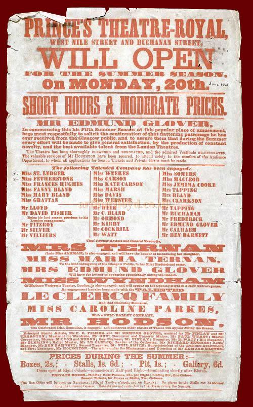 Bill for the Prince's Theatre, Glasgow on Monday 20th June 1853 with Horatio Lloyd who opened the Theatre as acting Manager.