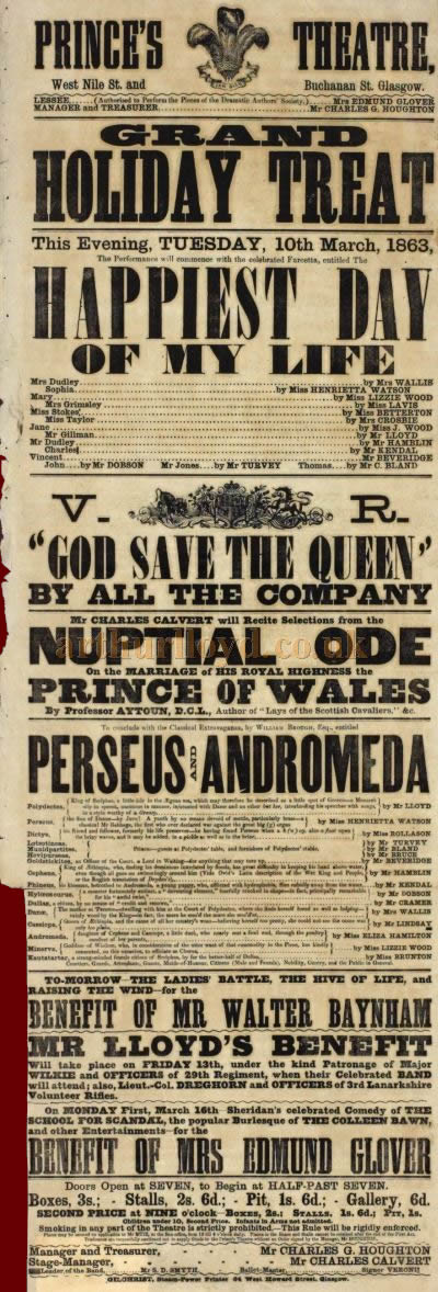 A Prince's Theatre playbill for the 10th of March 1863, also advertising Benefits for Horatio Lloyd and Edmund Glover - From The Theatre Royal: Entertaining a Nation, by Graeme Smith, published in 2008 - Courtesy Graeme Smith.