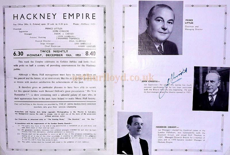 Twice Nightly Variety Programme for the Hackney Empire in the Theatre's Jubilee year of 1951