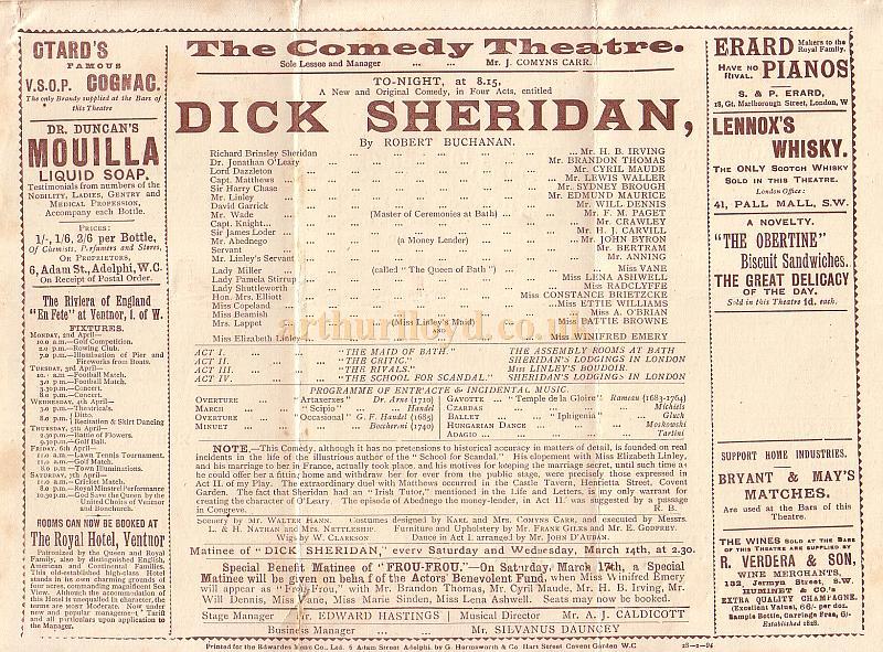 Programme for the comedy 'Dick Sheridan' at the Comedy Theatre, London in March 1894