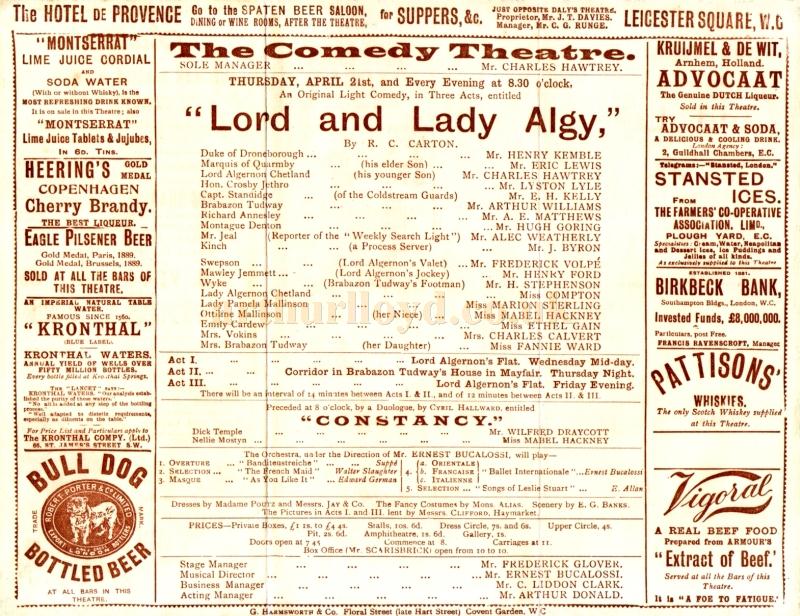 A programme for 'Lord and Lady Algy' at the Comedy Theatre in April 1898.