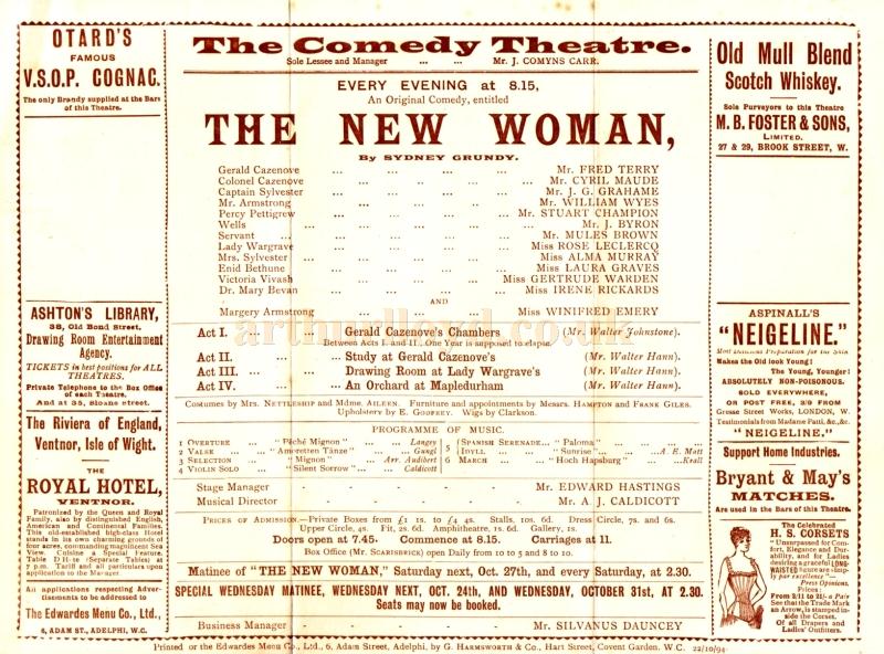 A programme for 'The New Woman' at the Comedy Theatre in October 1894 