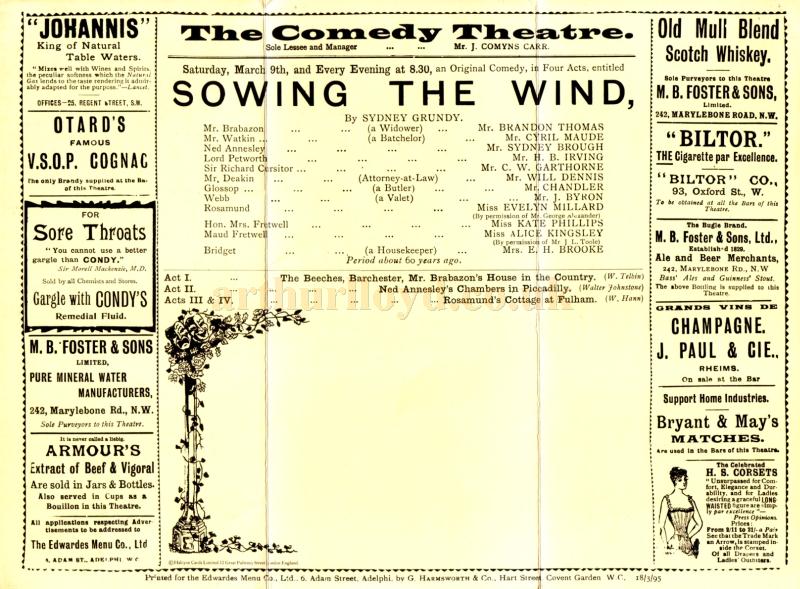 A programme for 'Sowing the Wind' at the Comedy Theatre in March 1893.