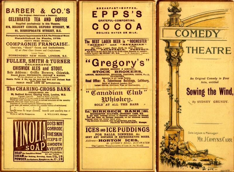 A programme for 'Sowing the Wind' at the Comedy Theatre in March 1893.