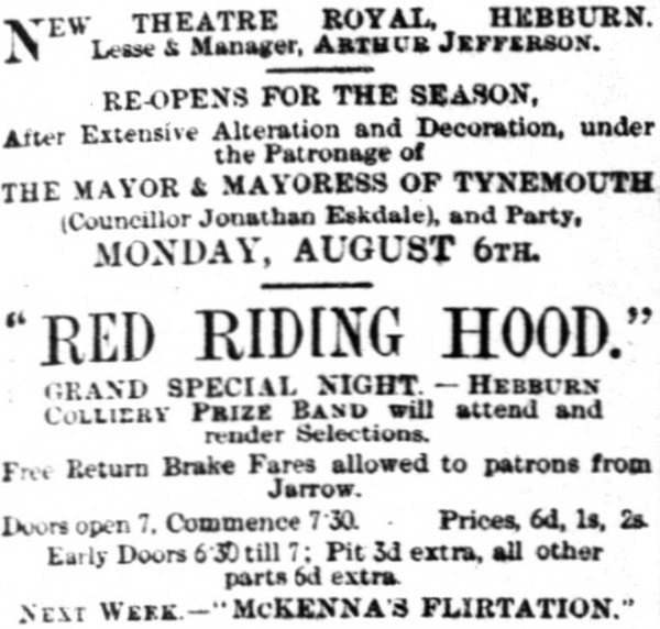 An advertisement for the opening of the new Theatre Royal, Hebburn - From the Shields Daily Gazette, Monday the 6th of August 1900.