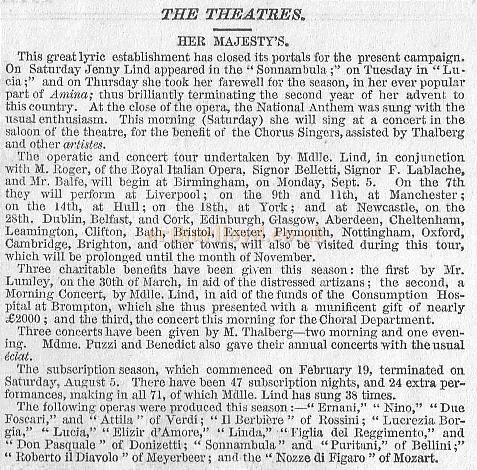 'The Illustrated London News' August 26th 1848 reports on Jenny Lind at Her Majesty's Theatre. 