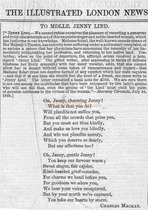 'The Illustrated London News' July 29th 1848 reports on Jenny Lind at Her Majesty's Theatre. 