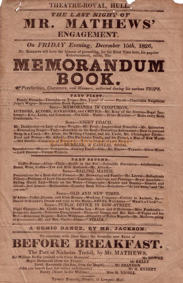 A Bill for 'Memorandum Book' at the Theatre Royal, Humber Street, Hull on December 15th, 1826 - Kindly donated by Patricia Shepherd.