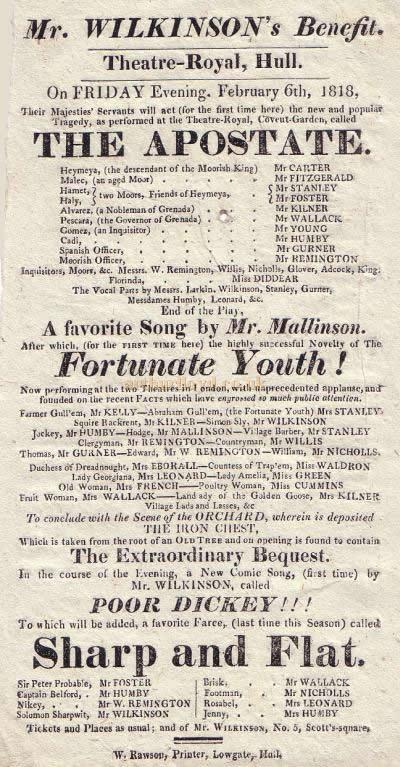 Bill for 'The Apostate,' 'Fortunate Youth,' and 'Sharp and Flat' on February the 6th 1818 at the Theatre Royal, Hull..
