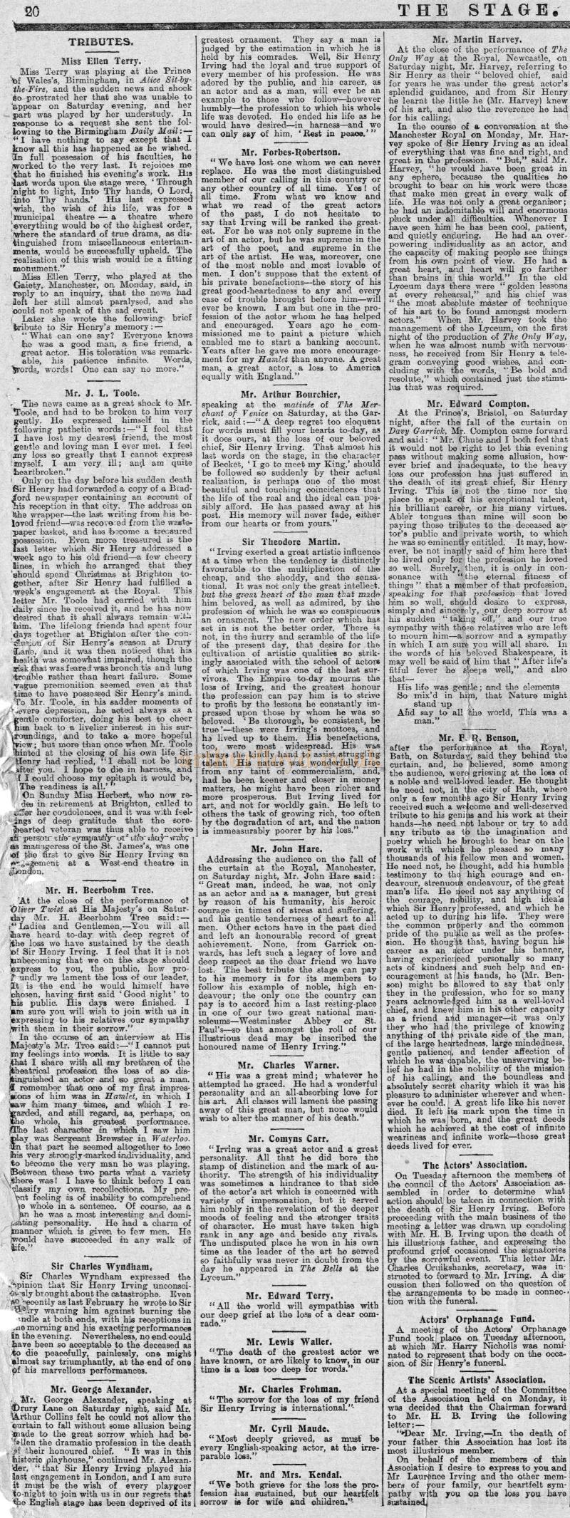 Tributes paid to Henry Irving on his death, printed in 'The Stage' on October 19th 1905 - Courtesy Trevor J. Dudley