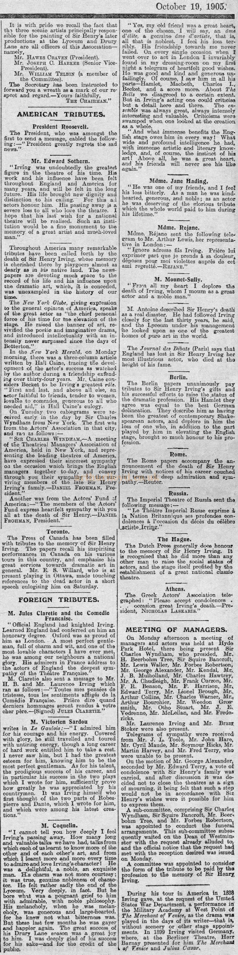 Tributes paid to Henry Irving on his death, printed in 'The Stage' on October 19th 1905 - Courtesy Trevor J. Dudley