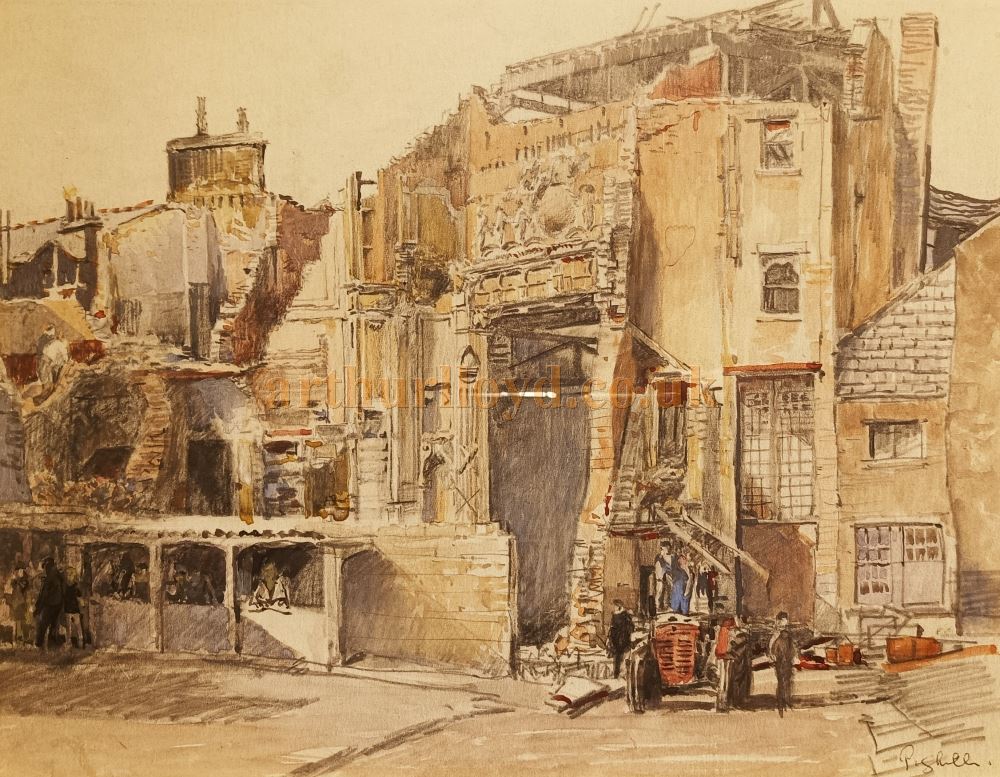 A Photograph of a painting by the Oxenhope artist Pighills and held at the Cliffe Castle Museum, Keighley depicting the demolition of the Hippodrome / Queen's Theatre, Keighley in 1961 - Courtesy Philip Paine.