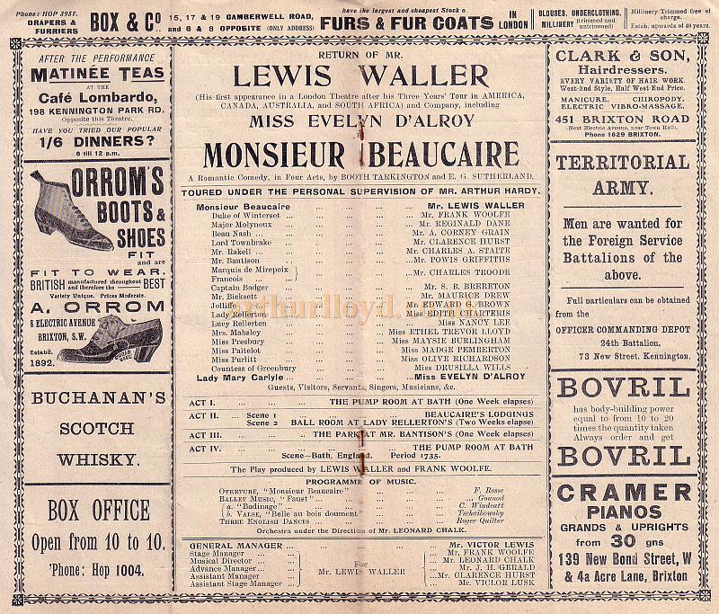 Cast List from a Programme for 'Monsieur Beaucaire' at the Kennington Theatre in 1914 