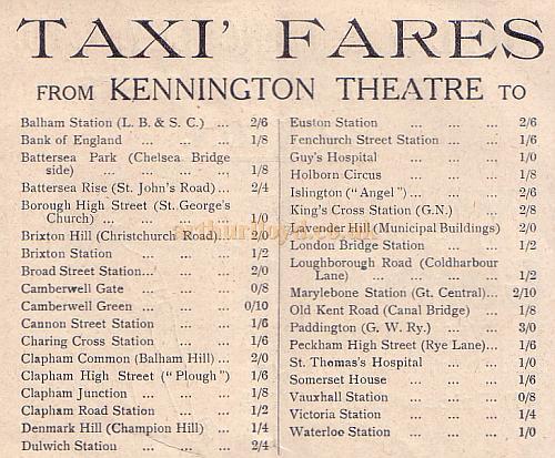 Taxi Fares from Kennington Theatre to various locations - From a Programme for 'Monsieur Beaucaire' at the Kennington Theatre in 1914 