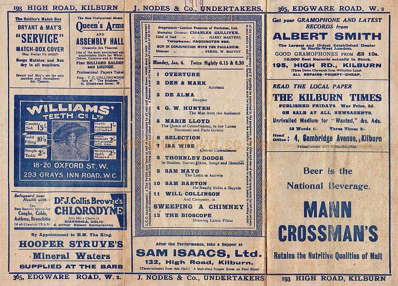 Details from a Variety Programme for the Kilburn Empire Theatre in 1919 with Marie Lloyd