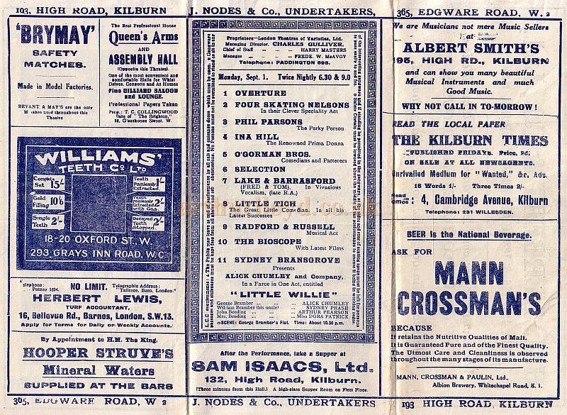 Details from a Variety Programme for the Kilburn Empire Theatre in 1919 with Little Tich