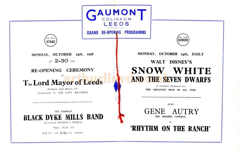 The reopening programme for the Leeds Coliseum / Gaumont Cinema in 1938 The reopening programme for the Leeds Coliseum / Gaumont Cinema in 1938