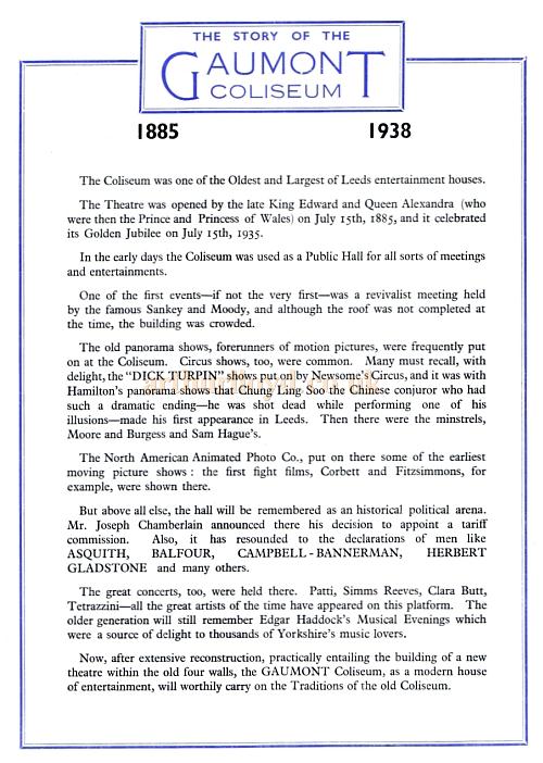 The reopening programme for the Leeds Coliseum / Gaumont Cinema in 1938 The reopening programme for the Leeds Coliseum / Gaumont Cinema in 1938