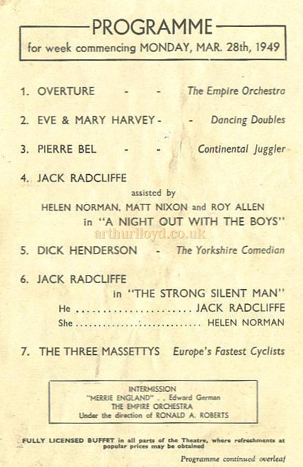 Programme details for the Leeds Empire Theatre in 1949 - Courtesy Alan Chudley