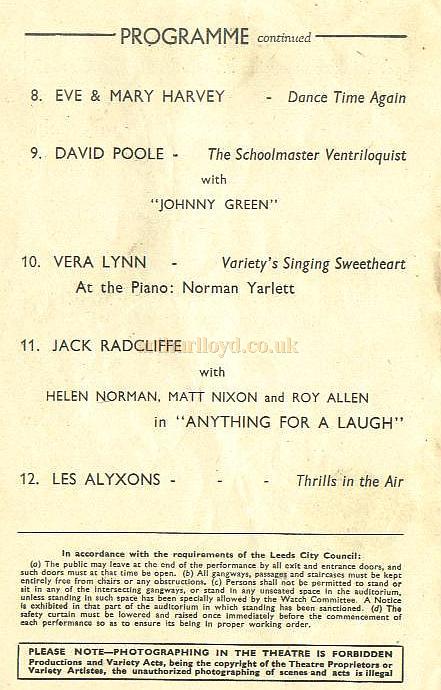 Programme details for the Leeds Empire Theatre in 1949 - Courtesy Alan Chudley