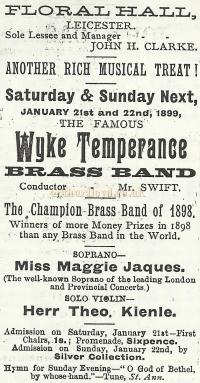 An advertisement from the Wyvern Newspaper of 1898 advertising The Famous Wyke Temperance Brass Band at the Floral Hall, Leicester - Courtesy David Garratt.