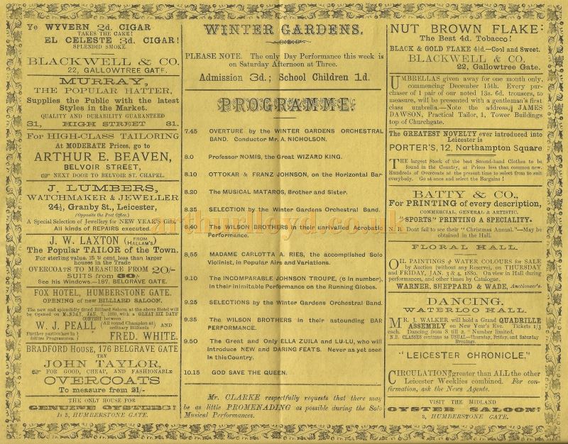 A Music Hall programme for the Winter Gardens at the Floral Hall Leicester in December 1888 - Courtesy David Garratt.