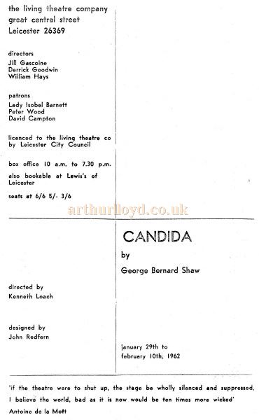 A Programme for 'Candida' at the Living Theatre, Leicester - Courtesy Dave Winter.